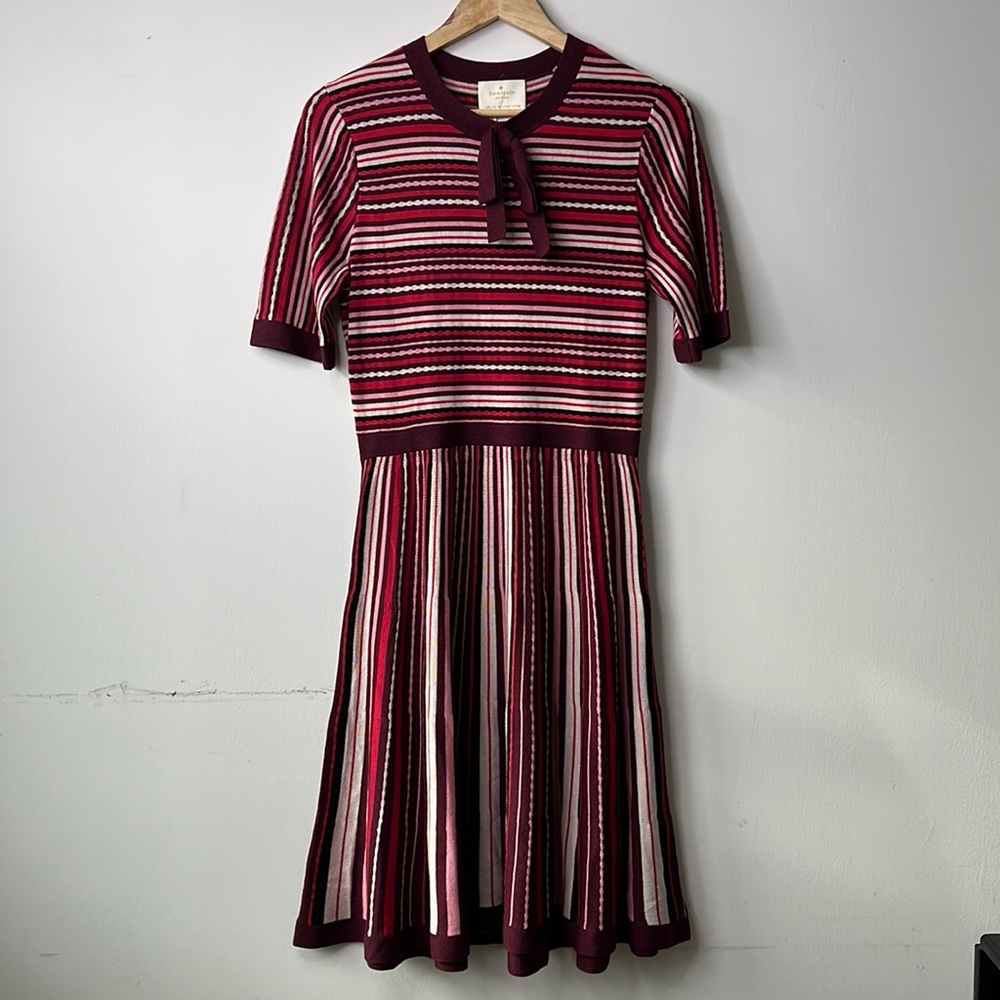 kate spade Striped Knit Fit-and-Flare Dress in Burgundy, Pink, White